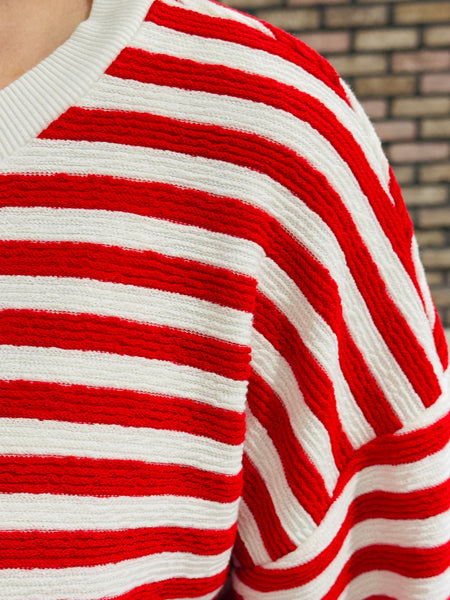 Textured Striped Pullover - Ruby