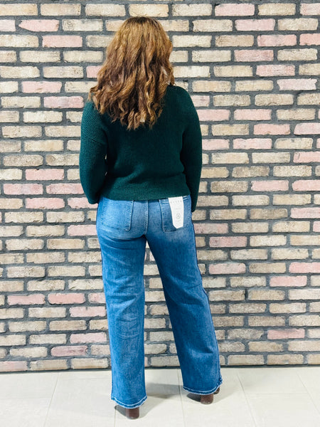Pointelle V-Stitch Sweater - Forest Green