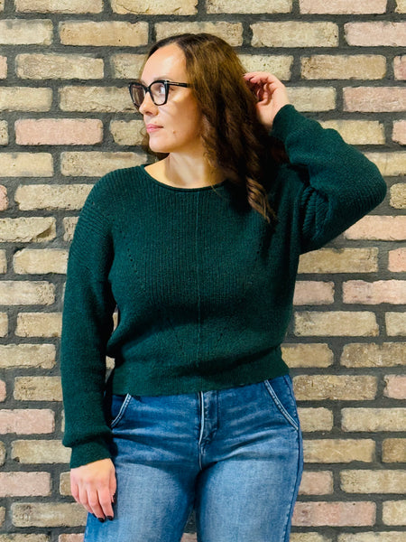 Pointelle V-Stitch Sweater - Forest Green