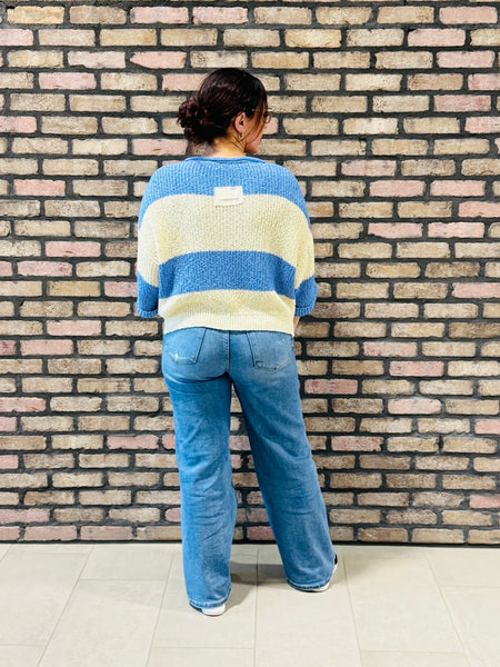 Split Neck Striped Sweater - Cornflower Blue