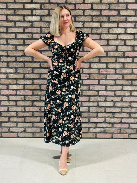 Floral Front Tie Dress - Black Multi