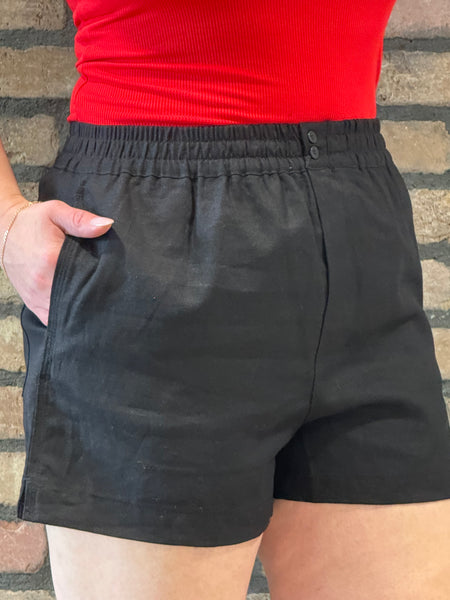 Linen Elastic Waist Shorts - Black