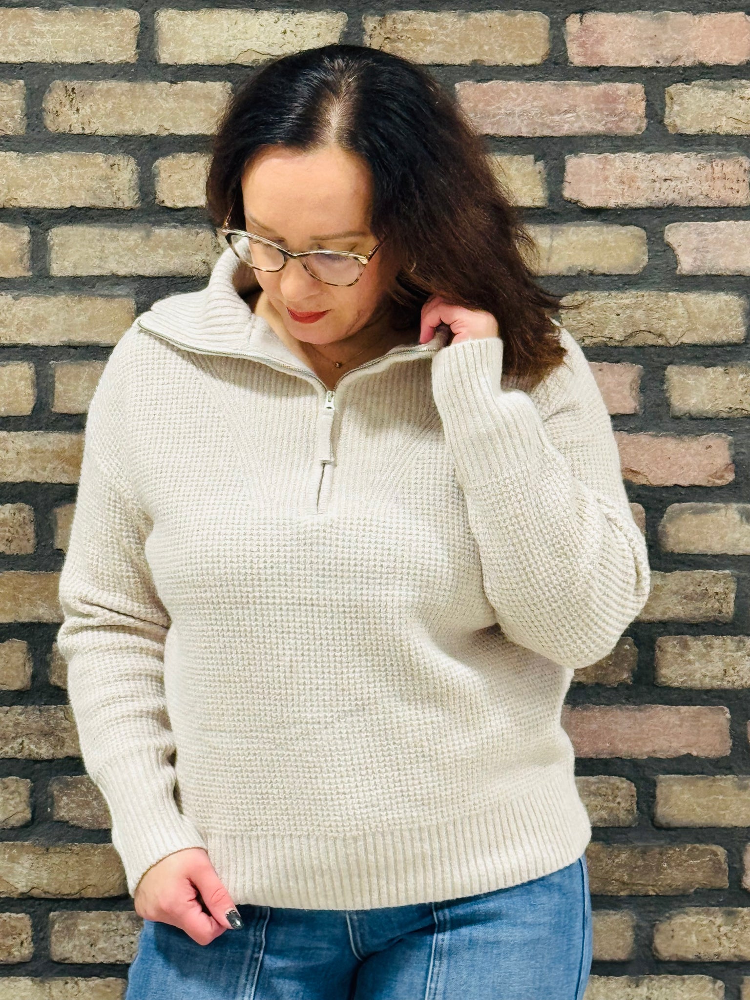 Half Zip Pullover Sweater - H Beige