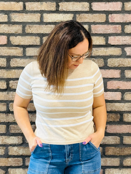 Striped Soft Knit Sweater - Khaki/White