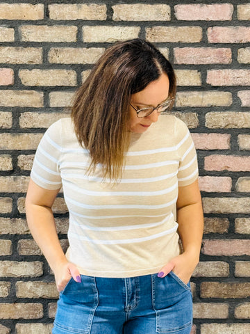 Striped Soft Knit Sweater - Khaki/White