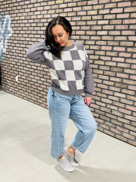 Checkered Crochet Sweater - Grey Multi