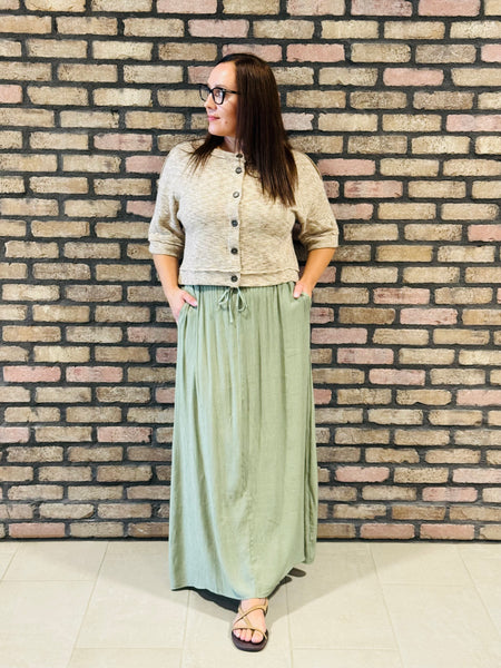Crinkle Woven Long Skirt - Olive Green
