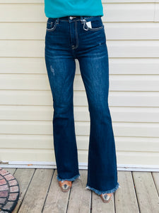 Vintage Frayed Hem Flare Jeans - Dark