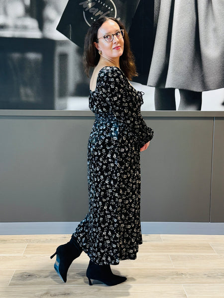 Floral Front Slit Velvet Dress - Black Multi