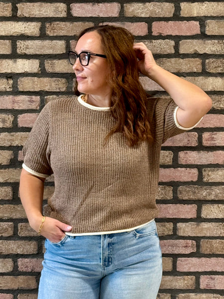 Contrast Trim Puff Sleeves Sweater - Mocha