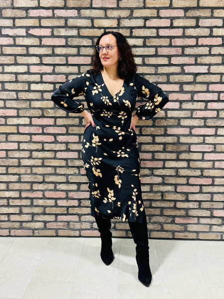 Side Slit Floral Midi Dress - Black