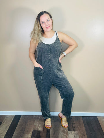 Washed Overalls with Pockets - Ash Black