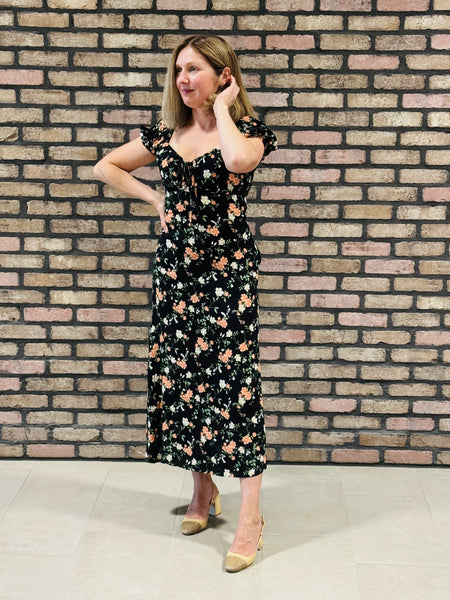 Floral Front Tie Dress - Black Multi