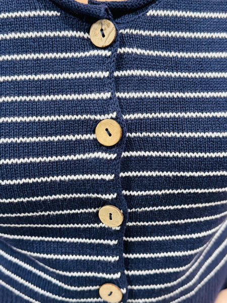 Striped Short Sleeves Cardigan - Navy