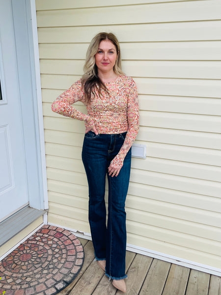 Floral Print Mesh Top - Cream/Gold