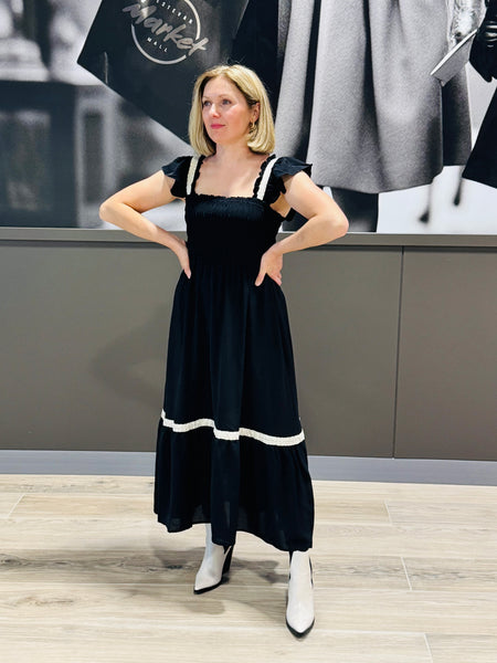 Smocked Ruffle Midi Dress - Black