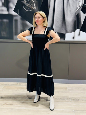Smocked Ruffle Midi Dress - Black