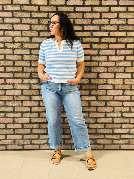 Split Neck Striped Pullover - Cornflower Blue