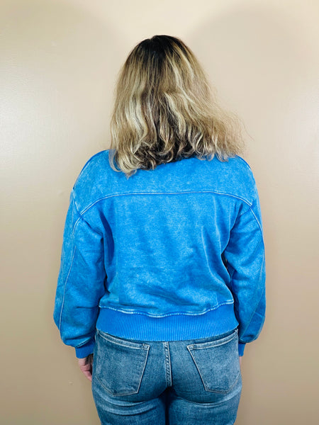Acid Wash Half Zip Pullover - Ocean Blue