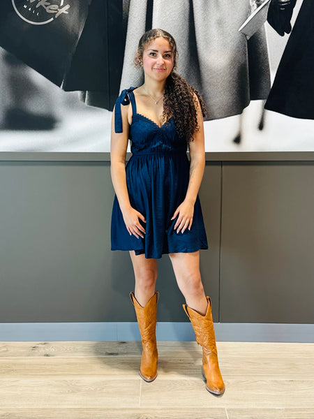Eyelet Detail Mini Dress - Navy