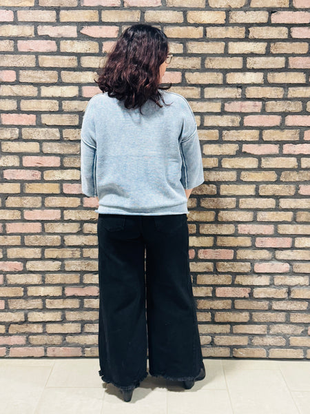 3/4 Sleeves Boxy Sweater - Dusty Blue