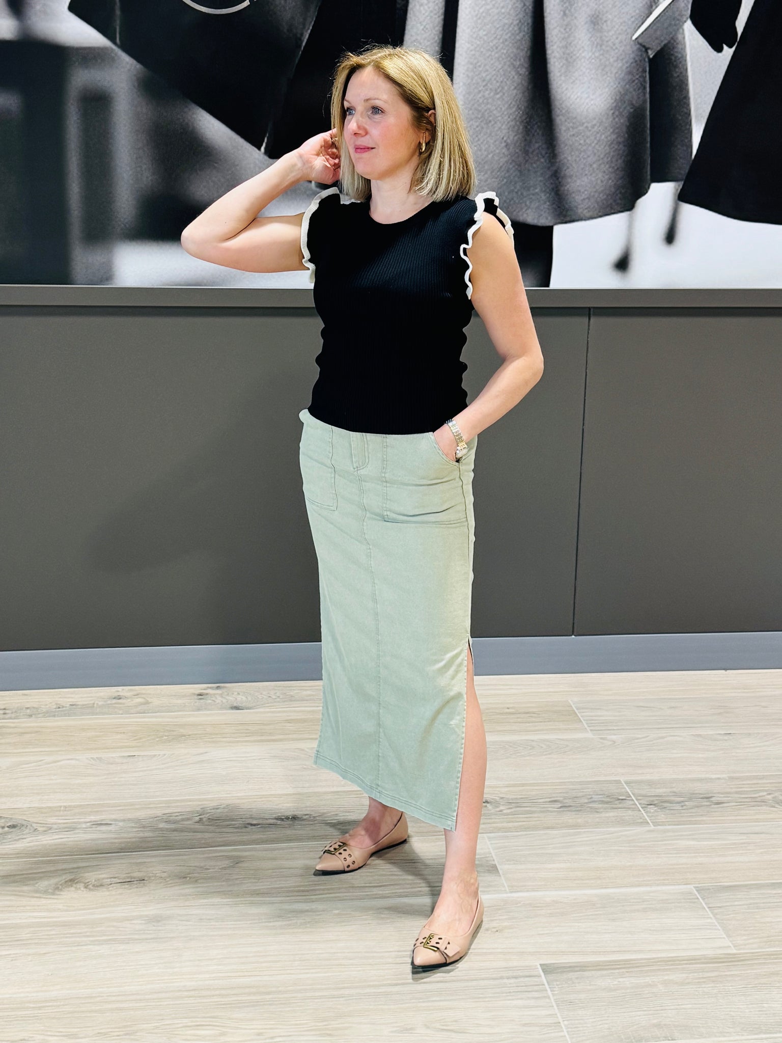 Denim Midi Skirt - Olive