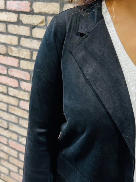Open Front Faux Suede Jacket - Black