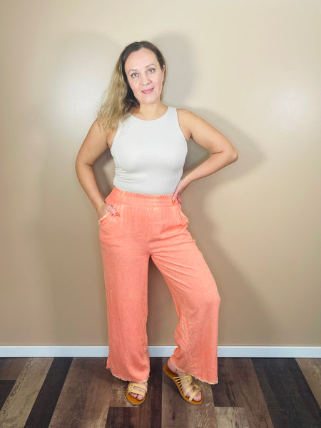 Washed Linen Pants - Coral