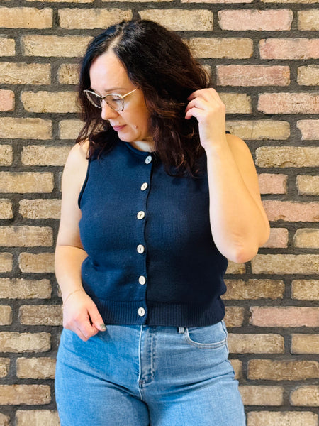 Button Down Vest Top - Navy