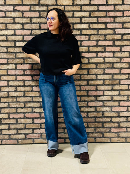 Cuffed Wide Leg Jeans - Dark Wash