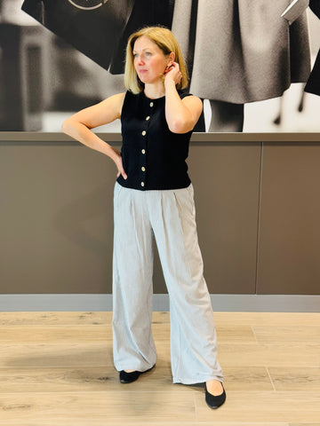 Striped Pleated Wide Pants - Grey
