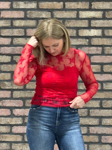 Lace See-Through Top - Red