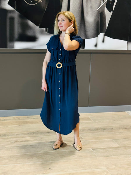 Belted Midi Dress - Navy