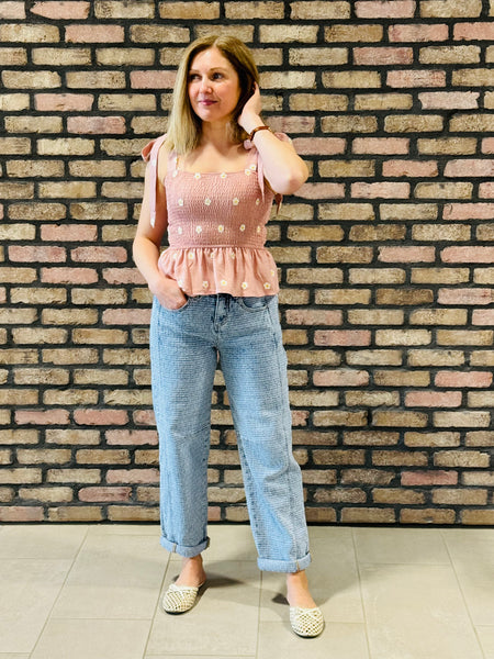 Daisy Embroidery Smocked Top - Dusty Pink
