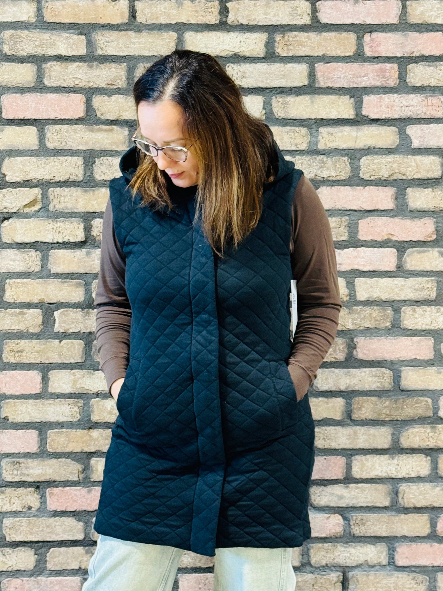 Longline Quilted Vest - Black