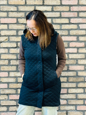 Longline Quilted Vest - Black