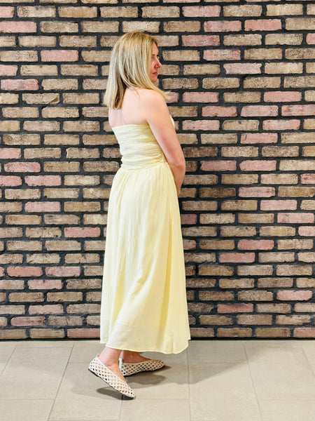 Strapless Gathered Detail Dress -  Butter Yellow