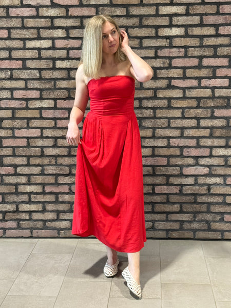 Strapless Gathered Detail Dress - Red