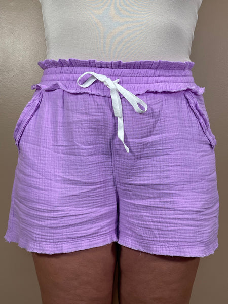 Gauze Frayed Hem Shorts - B Lavender
