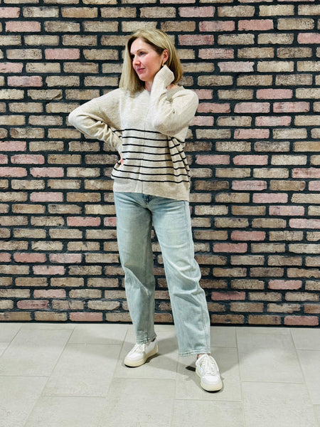 Striped Front Seam Sweater - Oatmeal