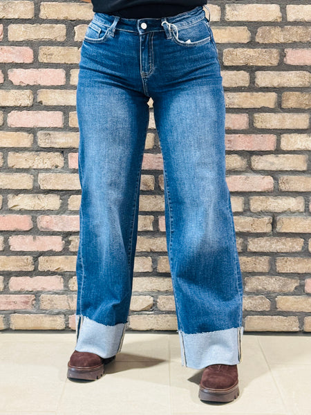 Cuffed Wide Leg Jeans - Dark Wash