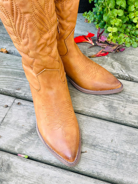 Tall Embroidered Western Boots - Tan