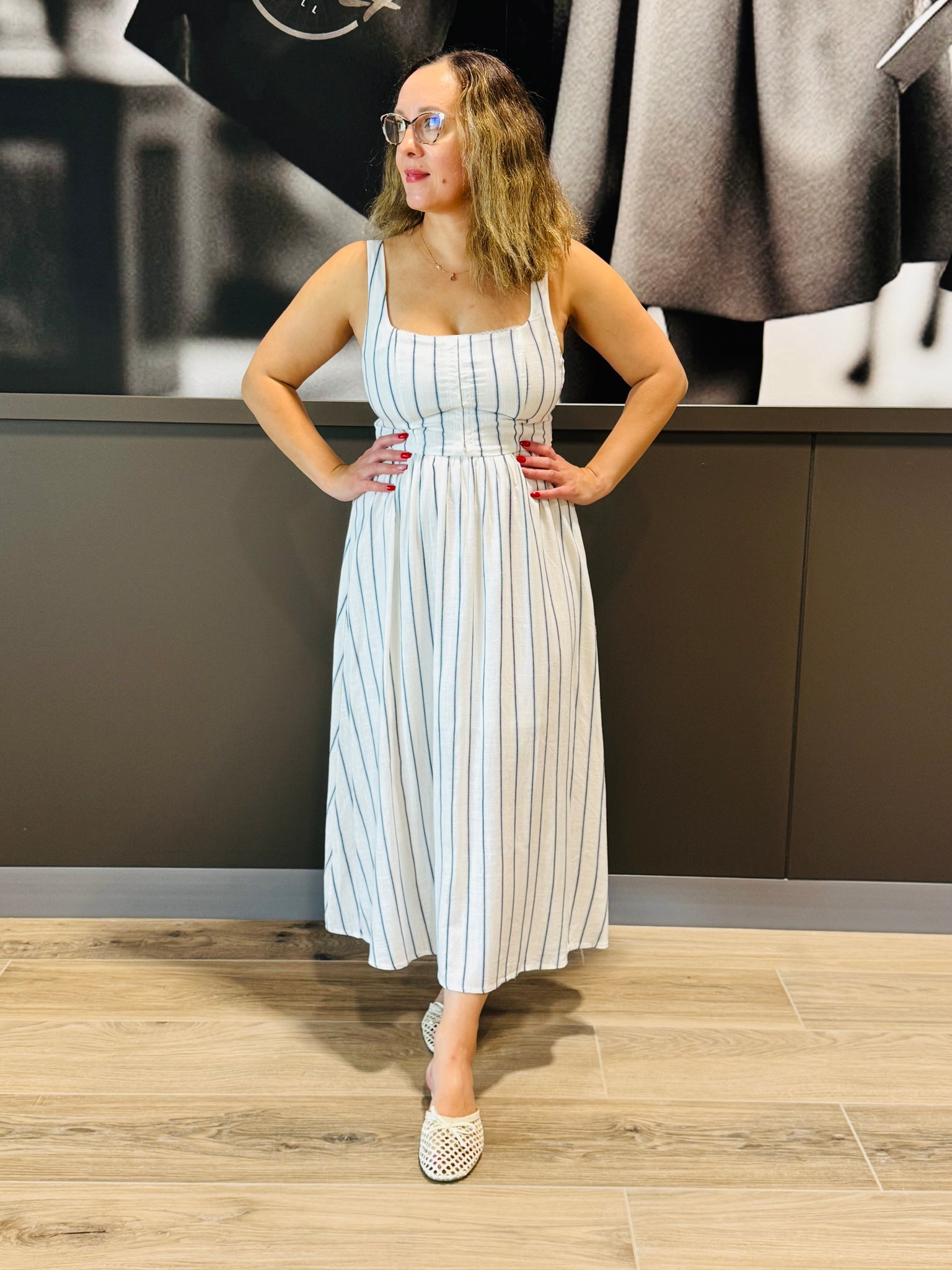 Front Hook Detail Striped Dress - White