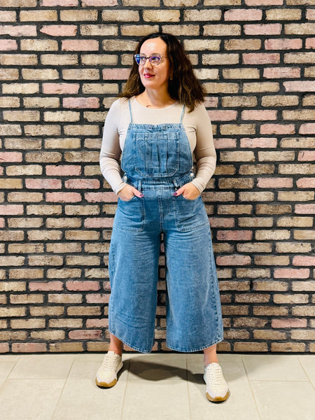 Denim Wide Leg Overalls - Medium Wash