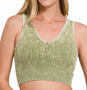 2 Way Neckline Ribbed Tank Top - Ash Olive