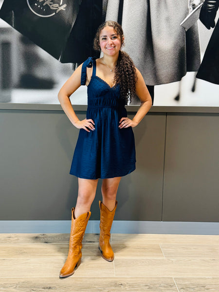 Eyelet Detail Mini Dress - Navy
