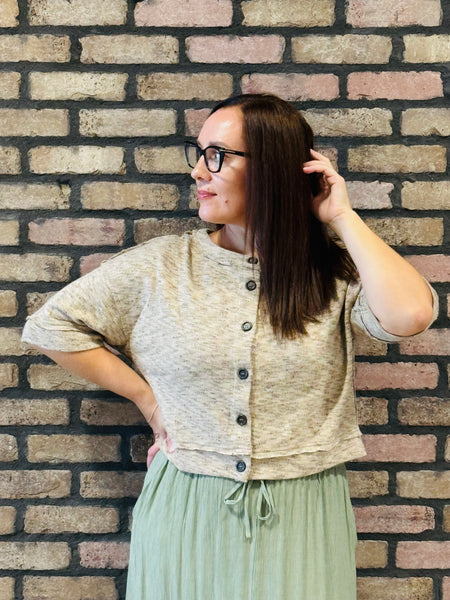 Marbled Button Down Raw Edge Cardigan - Light Taupe