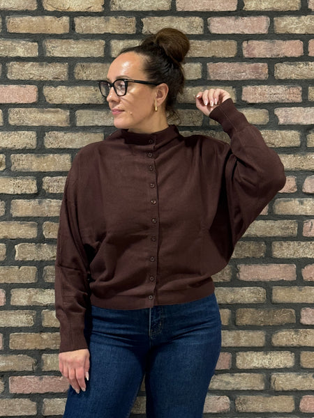 Boat Neck Cardigan Sweater - Dark Brown