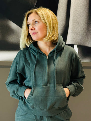 Half Zip Up Basic Hoodie - Chic Green