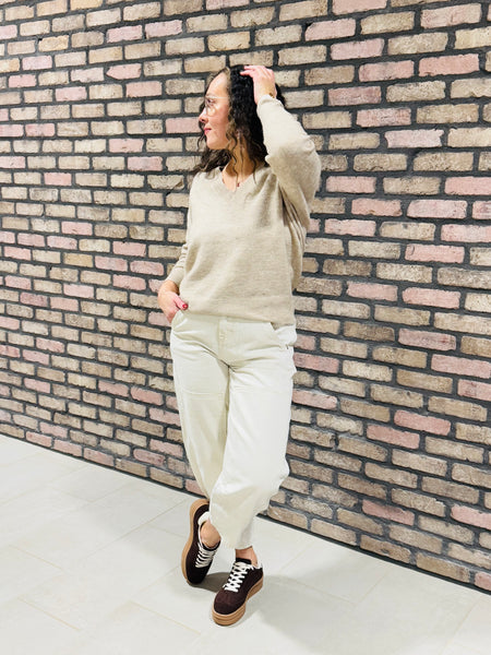 Drop Shoulder V-Neck Sweater - LT Taupe